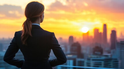 Fototapeta premium Young businesswoman at sunrise, overlooking city skyline, [ambition concept], [visualizing future success and aspirations] 