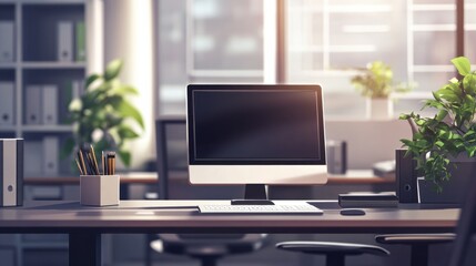 Blurry business office background with a modern desk setup, evoking a professional work environment