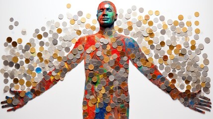 Fototapeta premium cash and coins crafted into a human form, with each note and coin carefully placed to create a striking visual.