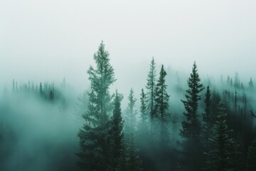 Towering pine trees shrouded in mist evoke a serene and mystical forest landscape, inspiring awe and reverence for nature.