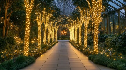 Beautifully lit botanical garden hosting a New Year light display background