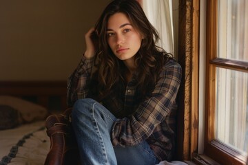 A young person in a plaid shirt sits pensively by a window, the soft light enhancing the peaceful introspective ambiance.