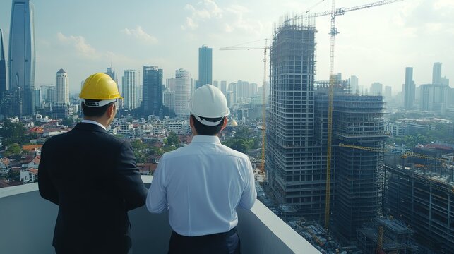 Chief executive officer of engineering visit construction site and discuss with senior engineer