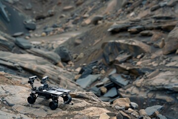 A high-tech rover maneuvers through rocky terrain, capturing the essence of exploration and adventure in a barren landscape.