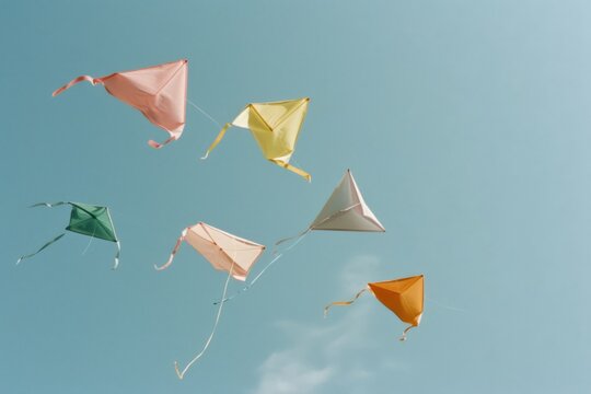 Vibrant kites soar against a clear blue sky, dancing freely in the breeze, symbolizing joy and childhood wonder.