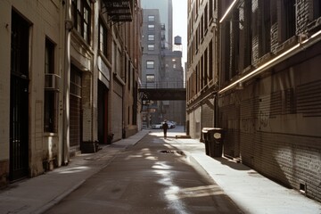 Obraz premium A solitary figure is dwarfed by towering buildings in a narrow alley, evoking urban life’s quiet solitude amidst architectural giants.