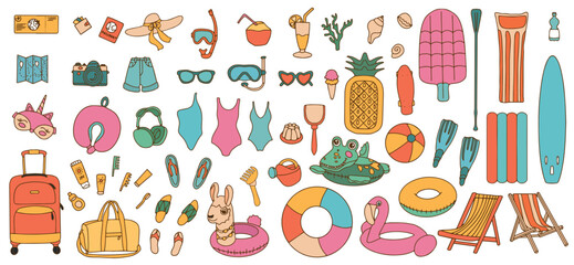 Set of cute summer doodle icons. Bright elements of the Summer party. Set of beach accessories and travel accessories. Vector