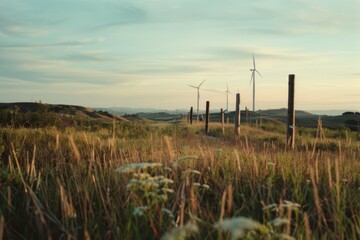 Obraz premium Rolling green meadows stretch out under a vast sky, dotted with towering wind turbines, embodying sustainable energy and nature's harmony.