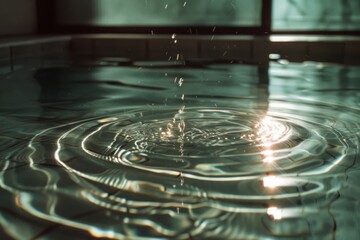 A serene moment captured as droplets gently ripple the surface of a sunlit swimming pool, creating a mesmerizing pattern.