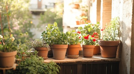 Fototapeta premium Beautiful terrace adorned with potted plants background