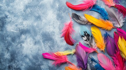 Brightly colored feathers scattered on table background