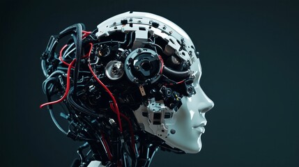 Closeup of a robots head against a black background