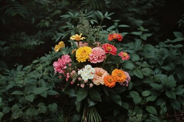 A handcrafted bouquet of vibrant zinnias arranged in a lush garden setting highlights nature&rsquo;s artistic flair, exuding life and color.