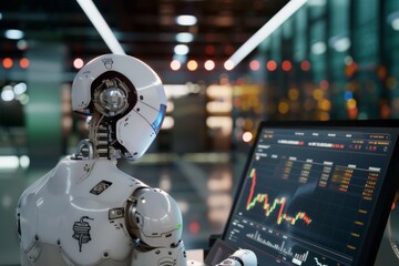 A high-tech robot in a sleek office analyzes complex data on a screen, illustrating the integration of artificial intelligence in modern business.