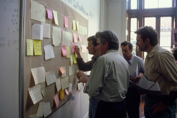 A diverse group engaged in collaborative planning, filling a board with notes in a room bathed in soft, natural light.