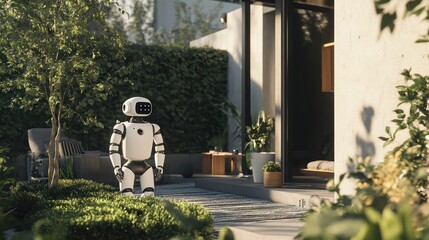 A white humanoid robot stands in a modern garden, with a minimalist house in the background.