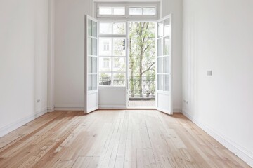Sunlit room with open French doors, revealing a serene view of a leafy balcony, inviting tranquility and a gentle breeze into the minimalist space.