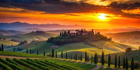 Naklejka premium Breathtaking Silhouette Photography of Tuscany Valley at Sunset – Rolling Hills, Vineyards, and Cypresses in Golden Light