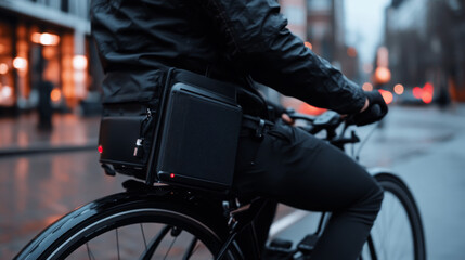 A cyclist rides through rainy urban street, showcasing sleek bike with stylish bag attached. scene captures modern, dynamic lifestyle amidst city backdrop
