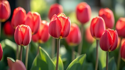 Fototapeta premium Bright red tulips in garden soft focus background