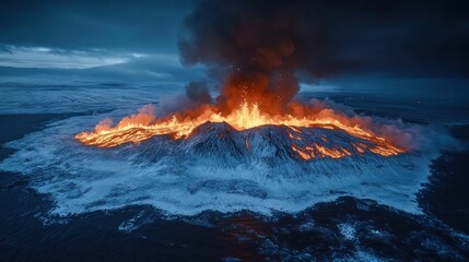 Fototapeta premium A newly formed volcanic island erupts in the ocean, spewing lava and smoke into the air.