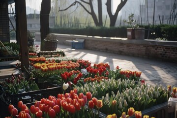 Vibrant tulips flourish in a sunlit outdoor market, showcasing a splendid array of colors that captures the essence of spring and community gathering.