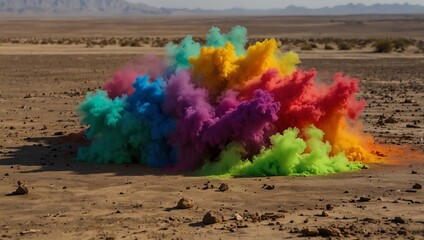 air balloon , Colorful powder explosion on a dry, sandy landscape.