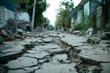 A cracked road stretches through deserted ruins, depicting the raw aftermath of destruction and abandonment.