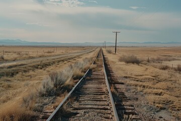 Obraz premium Sunlit railroad tracks stretch across a vast, golden prairie, evoking a sense of solitude and endless journeys against a pastel sky.