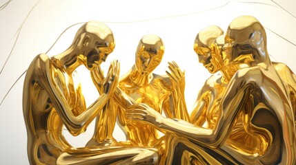 Obraz premium gold pieces meticulously arranged to form a human-like shape, glistening against a pristine white background. The golden hue reflects light,