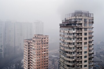 Naklejka premium Tall residential buildings loom through a dense fog in a sprawling cityscape, conveying urban isolation and architectural grandeur.