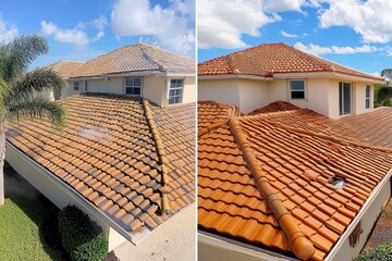 Roof cleaning service transforming dirty tiles into spotless surface, before and after comparison