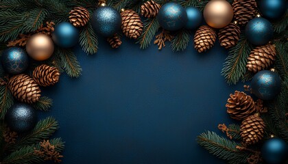Christmas border frame flat lay top view. Christmas themed border frame full fir tree branches, ornaments, baubles, balls, pine cones and poinsettia flowers. Holiday spirit during December