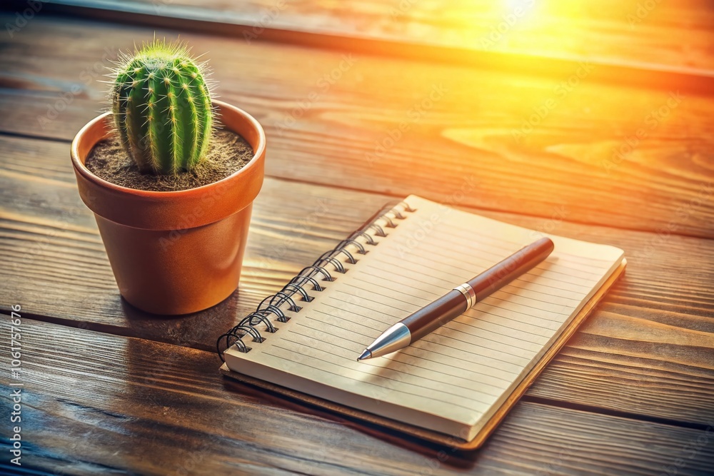 Poster candid photography of action plan notebook on table with cactus and pen for goal setting and product