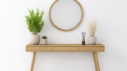 Fototapeta premium A stylish wooden console table with decorative plants and round mirror creates modern and inviting atmosphere. natural elements enhance aesthetic appeal of space