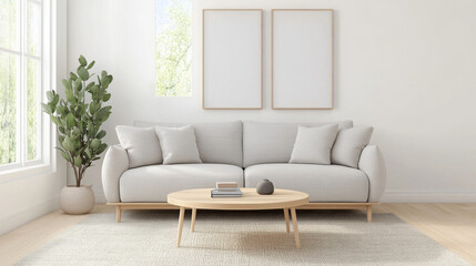 A modern living room featuring light gray sofa with cushions, round wooden coffee table, and potted plant. bright space is enhanced by natural light streaming through large windows, creating serene at