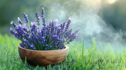 Fototapeta premium Fresh Lavender in Wooden Bowl on Green Grass