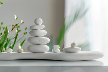 Smooth, white stones are artfully stacked, embodying balance and harmony against a muted background, reflecting a zen aesthetic.