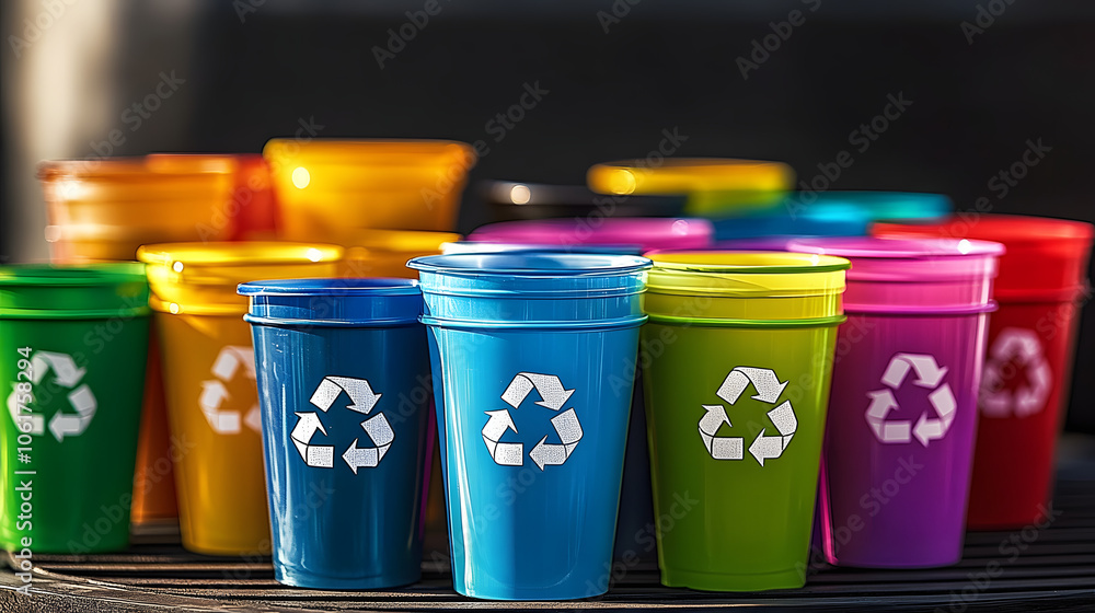 Poster a stack of plastic cups with recycle symbols printed on the sides. the image encourages the use of r