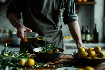 Close up of male hands pouring olive oil into bowl with olives