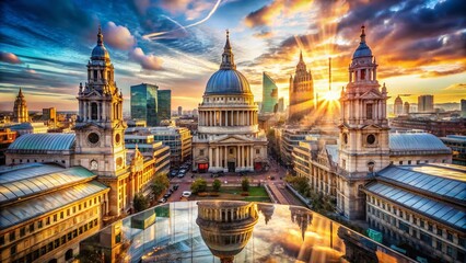 Fototapeta premium Captivating Double Exposure of Methodist Central Hall in Westminster, London with Historic Architecture and Urban Landscape Fusion