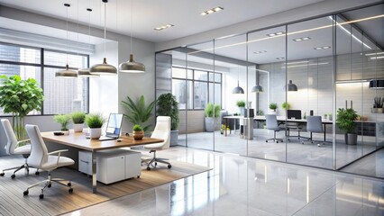 Modern Office Interior with Glass Partitions and Chic White Flooring for a Stylish Workspace, High Depth of Field, Contemporary Design, Productivity Environment