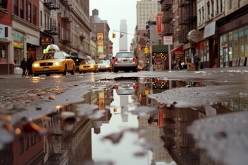 Yellow taxis line an urban street, their reflections glistening in rain-soaked pavement,...