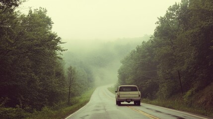 Misty Road through Lush Green Forest Landscape
