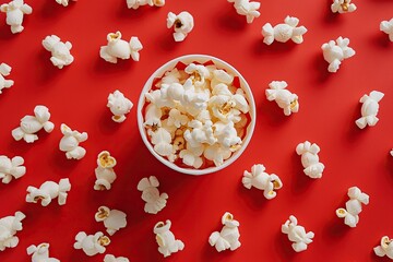 Popcorn in a bowl on a red background. Flat lay, top view