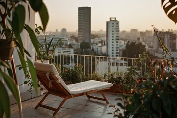 A tranquil urban balcony oasis at sunrise, adorned with lush plants and modern furniture, overlooking a vibrant cityscape.
