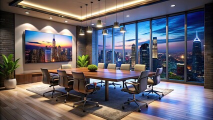 Modern Office Meeting Room with Night Photography Panoramic Frame Mockup and Billboard Display for Corporate Branding and Visual Communication