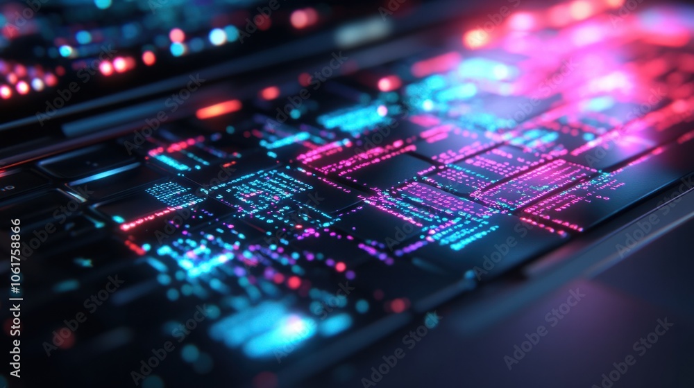 Aufkleber close-up of a laptop with coding overlay, symbolizing the digital transformation in business
