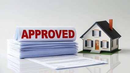 A model house next to approved documents symbolizes successful home financing and mortgage approval.