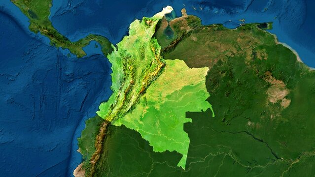 4K Colombia Territory Map in South America, High Resolution Satellite View, Widescreen 4K Resolution